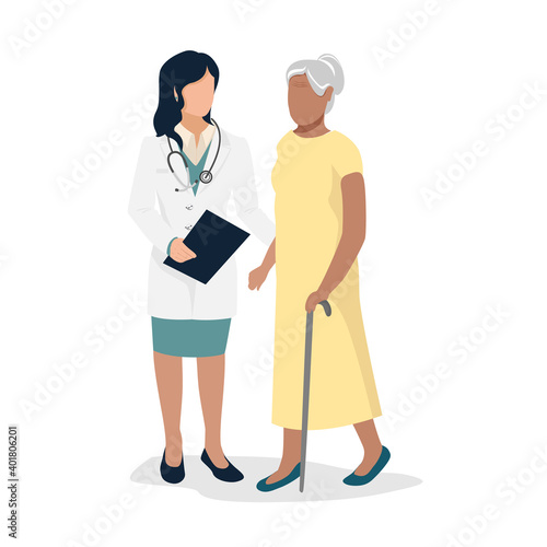An elderly patient came to see the doctor. Health and medicine. Flat vector illustration isolated on white background.