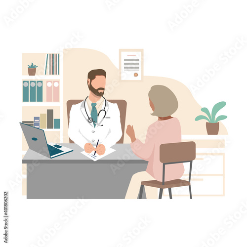 The patient and the doctor are talking in the office. Health and medicine. Flat vector illustration.
