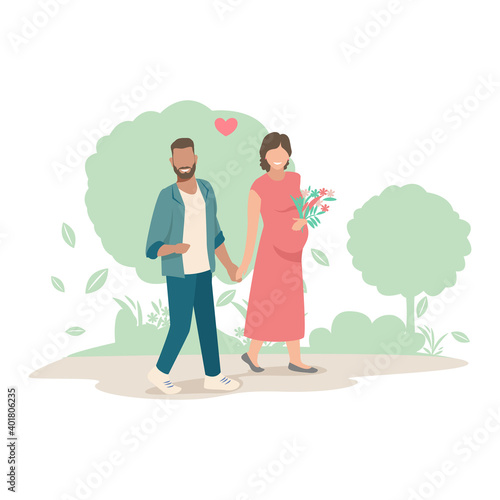 Young married couple walks in the park. Husband walks with his pregnant wife. Sports and recreation. Flat vector illustration.