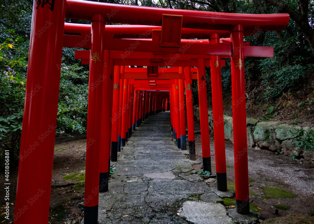 a series of red Shinto shrines a series of red Shinto shrines