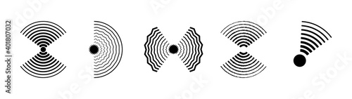 Set of radar icons. Sonar sound waves. Modern flat style vector illustration. Radio station signal. Central minimal radial ripple line outline abstraction.