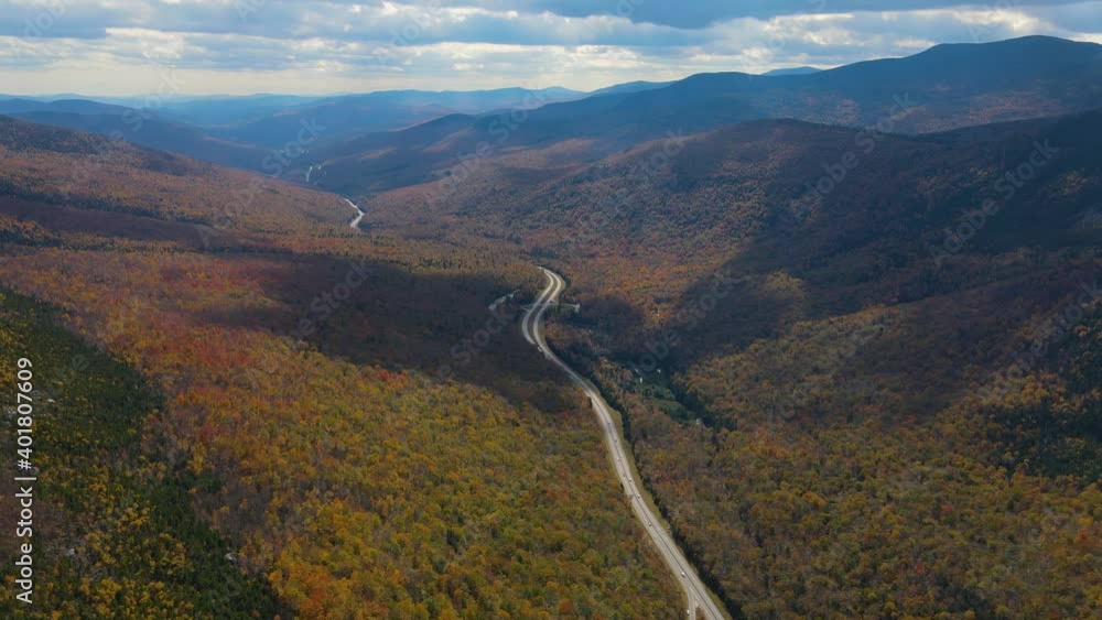 Franconia Notch with fall foliage aerial view including Profile Lake and Echo Lake in Franconia Notch State Park in White Mountain National Forest, near Lincoln, New Hampshire NH, USA. Franconia Notch with fall foliage aerial view including Profile Lake and Echo Lake in Franconia Notch State Park in White Mountain National Forest, near Lincoln, New Hampshire NH, USA.