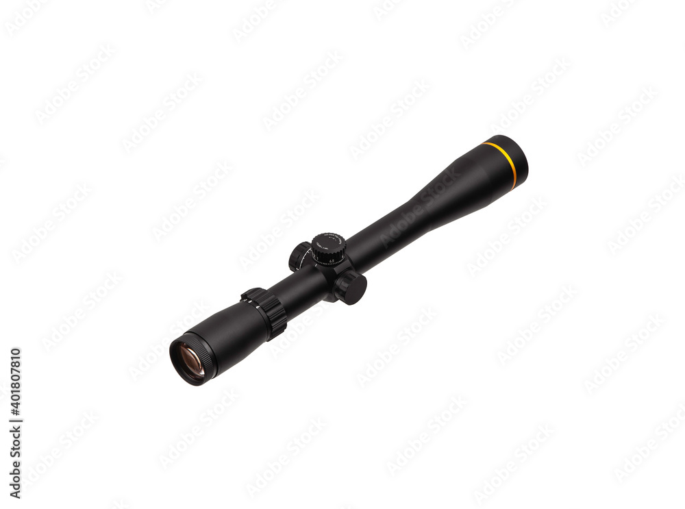 Modern sniper scope on a white back. Optical device for aiming and shooting at long distances. Modern sniper scope on a white back. Optical device for aiming and shooting at long distances.