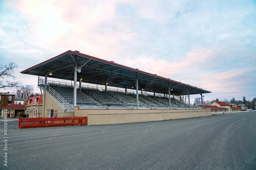 Goshen, NY - USA - Dec. 26, 2020: a landscape view of The Historic Track, a half-mile harness racing track in Goshen, New York. It was opened in 1838 and has been in operation ever since.