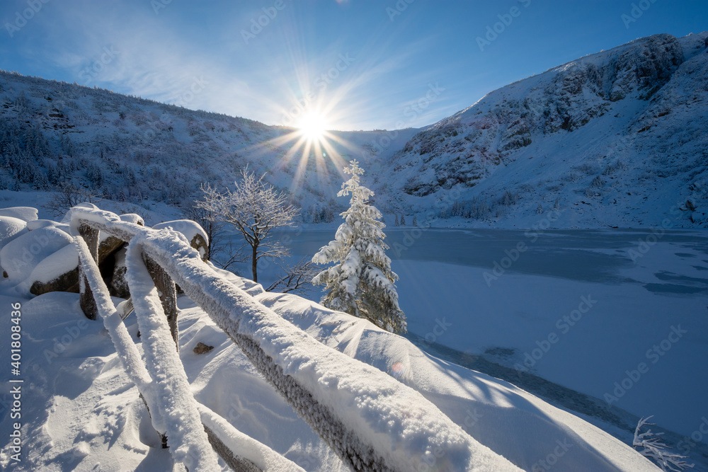 beautiful winter landscape in sunny day in Karkonosze mountains in Poland