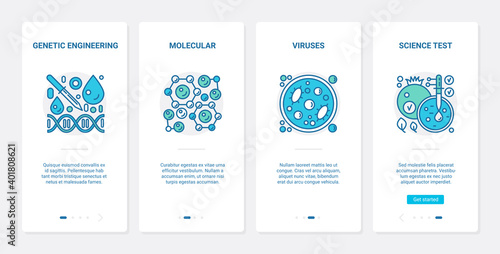 Microbiology, genetic engineering vector illustration. UX, UI onboarding mobile app page screen scientific set with line science experiment test researching viruses, virology and molecular research