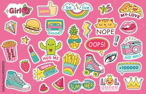 Fashioned girl badges, stickers with rainbow and burger, sneaker and glasses, lipstick and watermelon. Pins and patches isolated on pink background in comic style vector illustration