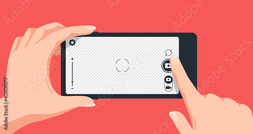 Taking photo with smartphone. Finger touching mobile phone screen to make picture. Pressing camera button, transparent background for photo. Person holding device vector illustration