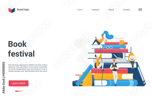 Book festival or fair landing page design, cartoon flat reader people reading books, literature fan characters loving to read, sitting and standing on stack of books from bookstore vector illustration