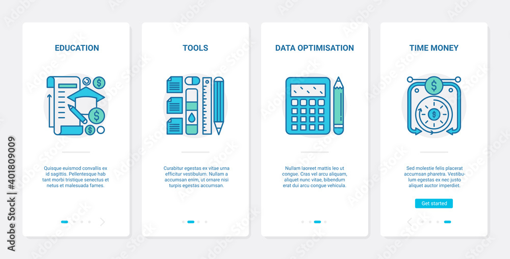 Business data analytics, optimization of finance investment vector illustration. UX, UI onboarding mobile app page screen set with line financial education tools, money cash and investing symbols