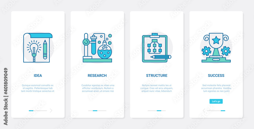 Success business idea vector illustration. UX, UI onboarding mobile app page screen set with line symbols of development and winning award prize for achievement, research structure, achieving goals