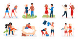 Couple people spend time together vector illustration. Cartoon man woman lover characters hugging walking dancing dating cooking food and doing sport exercise, love and relationships isolated on white