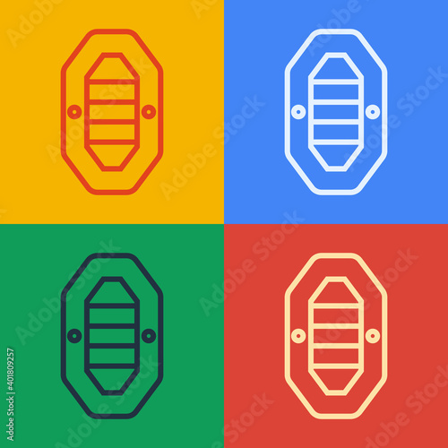 Pop art line Rafting boat icon isolated on color background. Inflatable boat with paddles. Water sports, extreme sports, holiday, vacation. Vector.