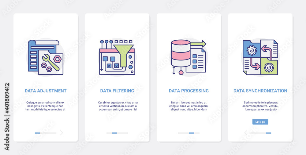 Data science processing vector illustration. UX, UI onboarding mobile app page screen set with line process of data adjustment, filtering or synchronization technology, digital tech database symbols