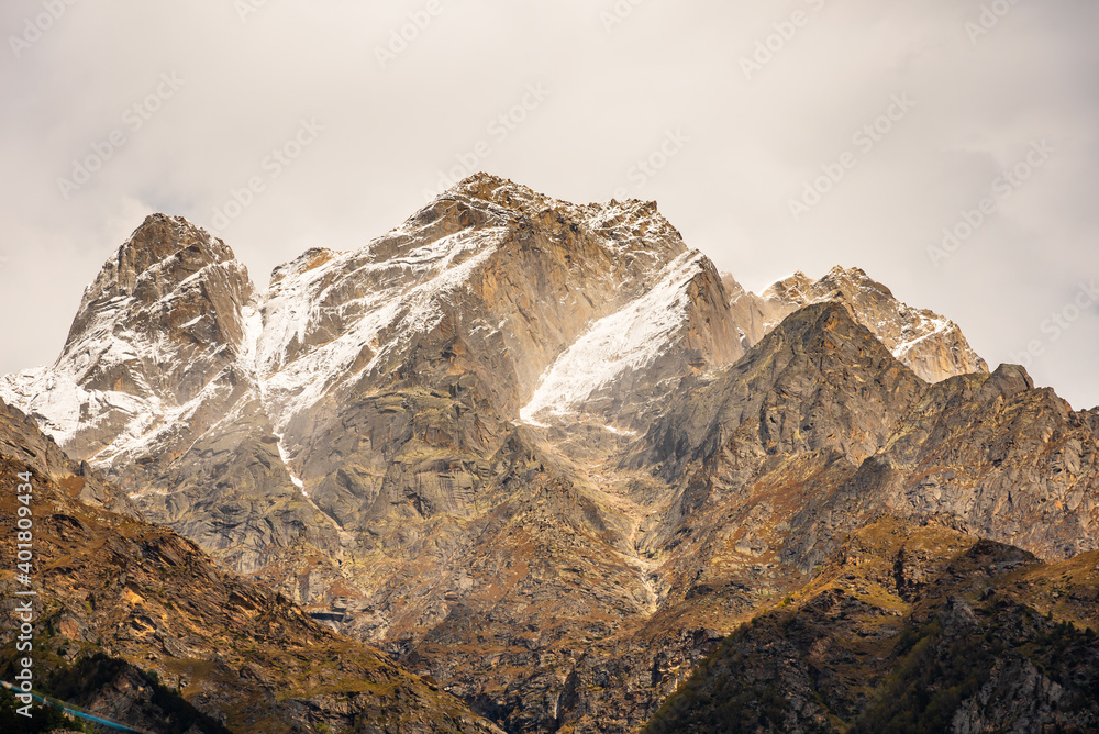 Yellow marble rocks mountains of Himalayas at Kinnaur district of Himachal Pradesh, India.