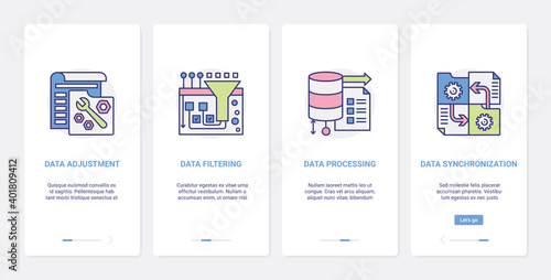 Data science processing vector illustration. UX, UI onboarding mobile app page screen set with line process of data adjustment, filtering or synchronization technology, digital tech database symbols