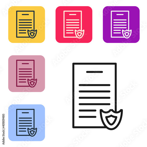 Black line Firearms license certificate icon isolated on white background. Weapon permit. Set icons in color square buttons. Vector.