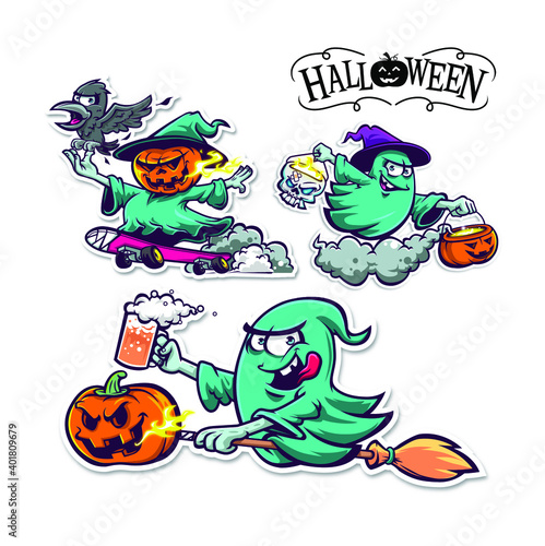 Cartoon ghost wizard and pumpkin mascot