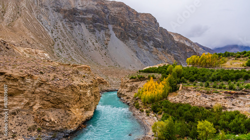 Beautiful landscape of Spiti river valley in Lahaul Spiti region of Himalayas in Himachal Pradesh, India.