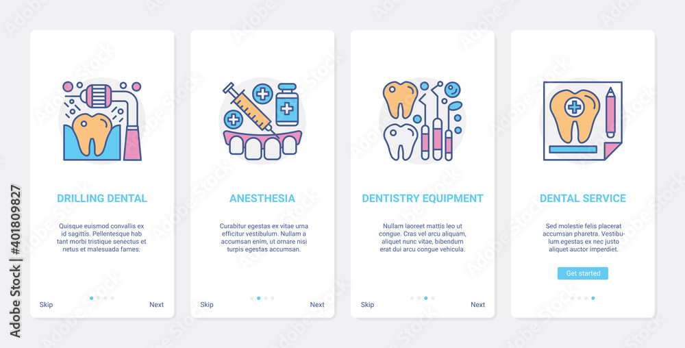 Dental care, dentistry hospital treatment service vector illustration. UX, UI onboarding mobile app page screen set with line drilling bad tooth, anesthesia, dentist equipment to treat aching teeth
