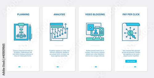 Digital marketing, blog planning and analysis service vector illustration. UX, UI onboarding mobile app page screen set with line video blogging analysing campaign, pay per click business technology