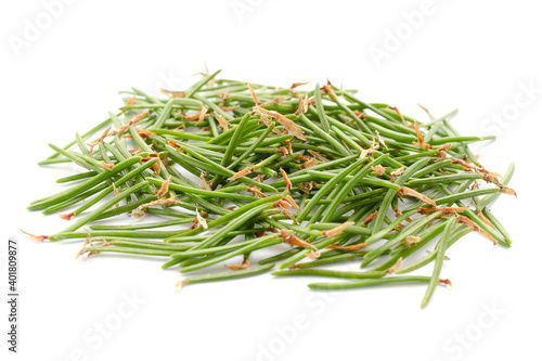 Pine and spruce needles of coniferous trees isolated on white background, close up. Heap of spruce green needles. Pile of pine needles isolated on white background, close-up.