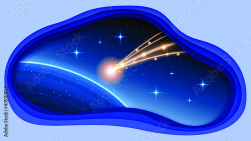 Abstract Dark Paper Cut Background With Space Meteorite Planet Vector Style