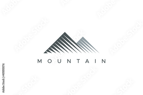 Abstract Mountain Logo. Grey Shape Mountains Silhouette with Geometric Striped Lines Style Combination isolated on White Background. Flat Vector Logo Design Template Element.