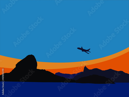 Silhouette of the mountains of the city of Rio de Janeiro at sunset and plane taking off. Vector illustration in EPS.