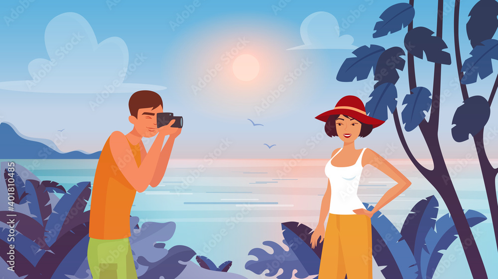 Man photographing vector illustration. Cartoon young male tourist character holding camera to make photo beautiful woman on tropical sea beach summer landscape, travel tourism photography background