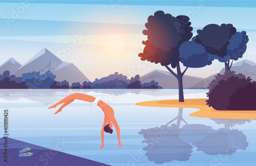 Young man jumping from wooden pier into water vector illustration. Cartoon active boy swimmer character jumps into blue lake water to swim, enjoy nature scenery, summer outdoor activity background