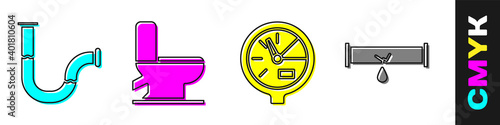 Set Industry metallic pipe, Toilet bowl, Water meter and Broken pipe with leaking water icon. Vector.