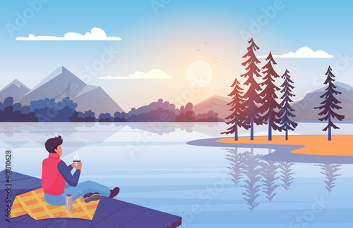 Enjoy nature at sunset vector illustration. Cartoon young man character sitting on wooden pier, enjoying natural outdoor landscape, blue lake, island with pine trees, mountains and sun above horizon