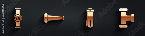 Set Water meter, Industry metallic pipe, Water filter and Industry metallic pipe icon with long shadow. Vector.