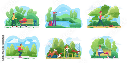 People spend time outdoor vector illustration. Cartoon active man woman characters walking with baby pram or dog in city park or on playground, sitting on bench and reading, hiking isolated on white