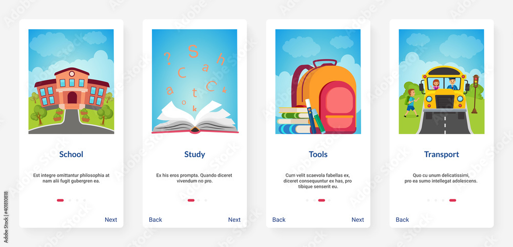 School tools, transport cartoon vector illustration. UX, UI onboarding mobile app page screen set with supplies for student schooling, bus transportation, books and textbooks to learn and study