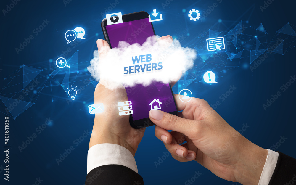 Female hand holding smartphone with WEB SERVERS inscription, cloud technology concept Female hand holding smartphone with WEB SERVERS inscription, cloud technology concept