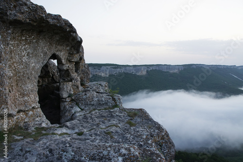 Sunset over the mountains, Fog over the mountains, Mangup Kale, Cave towns of Crimea, Crimea, , Black Sea