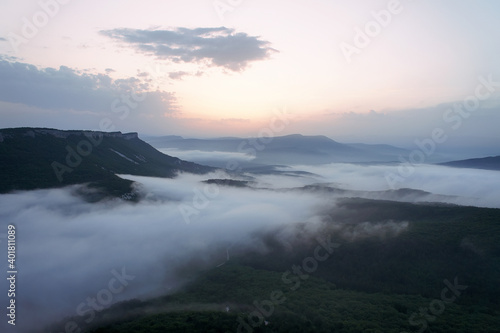 Sunset over the mountains, Fog over the mountains, Mangup Kale, Cave towns of Crimea, Crimea, , Black Sea © Leo Viktorov