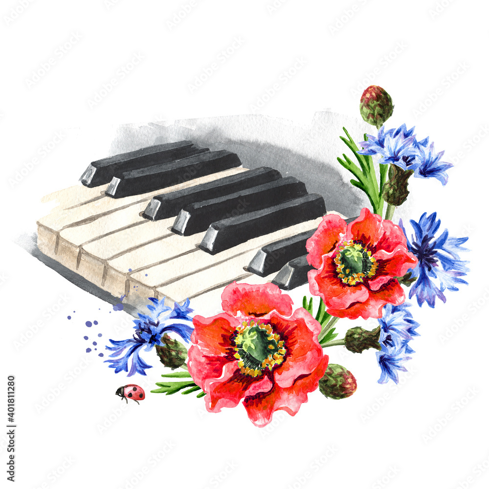 Piano keys and flowers. Summer music concept. Hand drawn watercolor  illustration isolated on white background Stock Illustration | Adobe Stock