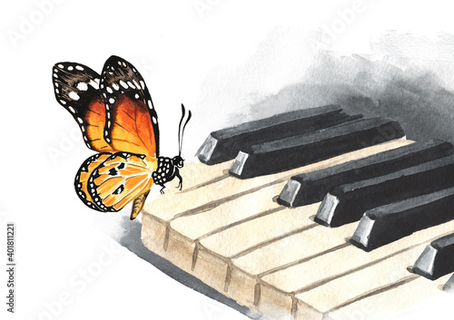 Piano keys and butterfly. Hand drawn watercolor illustration isolated on white background photo