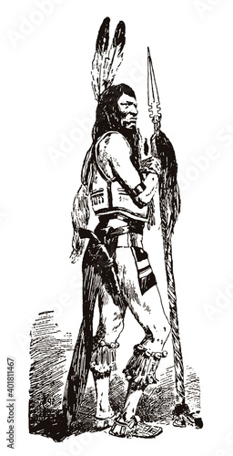 Standing historic Native American Lakota chief Kicking Bear holding spear