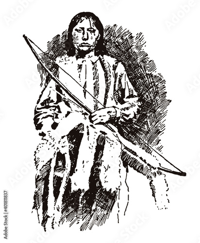Portrait of historic Native American Kiowa chief Big Tree in frontal view, holding bow and arrow photo