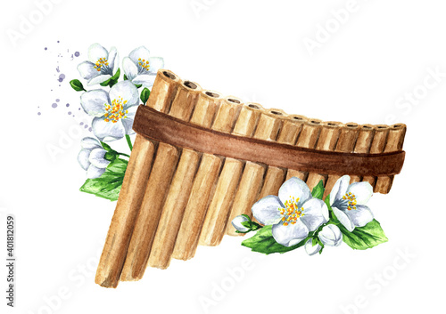 Sticker Wooden Pan Flute or panpipe and jasmine flowers