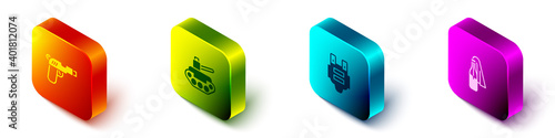 Set Isometric Pistol or gun, Military tank, Bulletproof vest and Cocktail molotov icon. Vector.