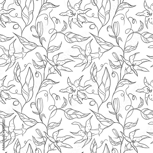 botanical seamless pattern of flowers and leaves outline