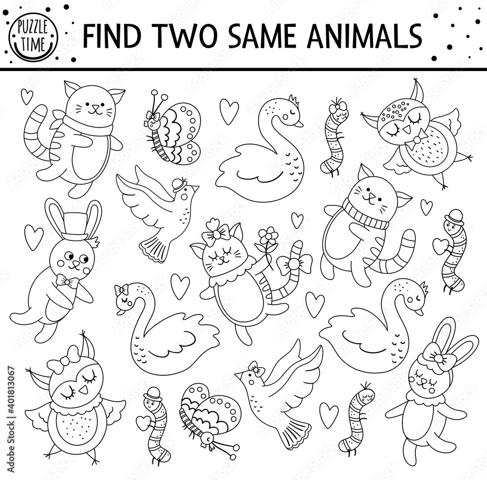Find two same animals. Holiday black and white matching activity for  children. Funny educational Saint Valentine day logical quiz worksheet for  kids. Simple printable game or coloring page. Stock Vector | Adobe