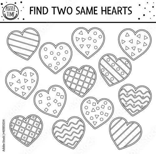 Find two same hearts. Holiday black and white matching activity for children. Funny educational Saint Valentine day logical quiz worksheet for kids. Simple printable game or coloring page.
