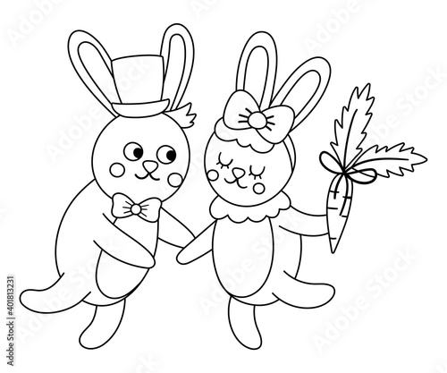 Vector cute black and white rabbits pair. Loving animal couple illustration. Love relationship or family concept. Hugging hares isolated on white background. Funny Valentine’s day line characters..