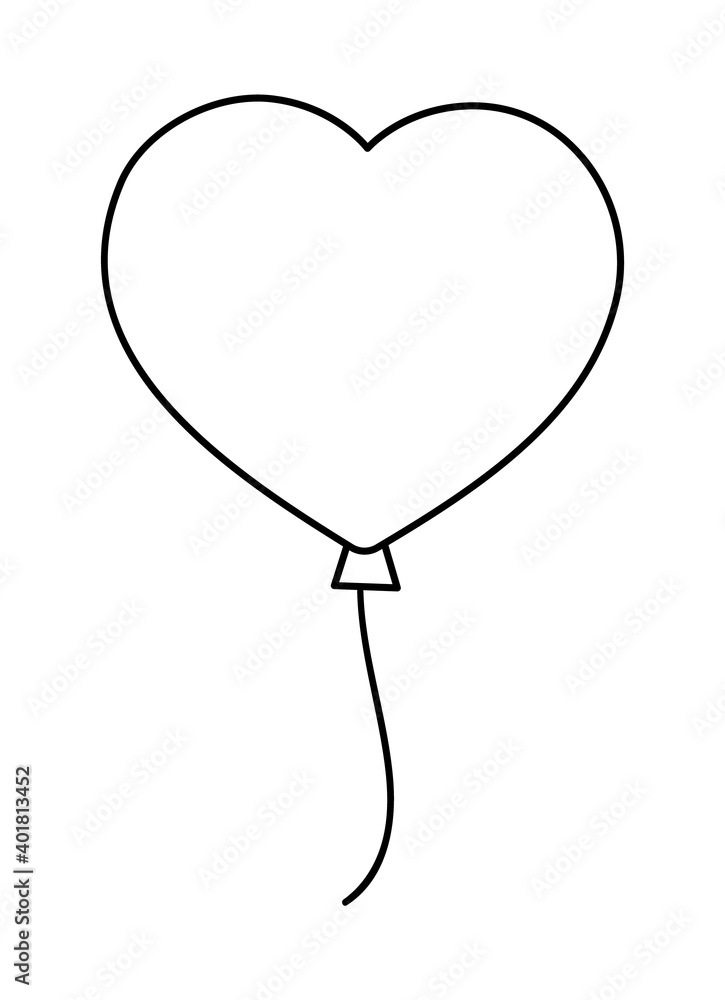Fototapeta Vector black and white heart shaped balloon. Cute Saint Valentine’s day symbol isolated on white background. Playful love holiday line icon or coloring page. .